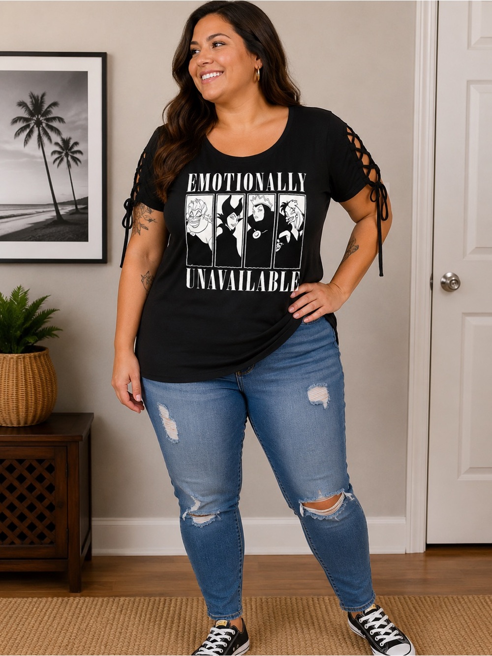 Black 'Emotionally Unavailable' Lace-Up Sleeve Graphic Tee
